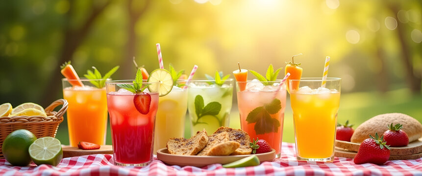 A cheerful picnic gathering focusing on an array of refreshing drinks and snacks, presented creatively with ample room for copy space in a bright, sunny backdrop.