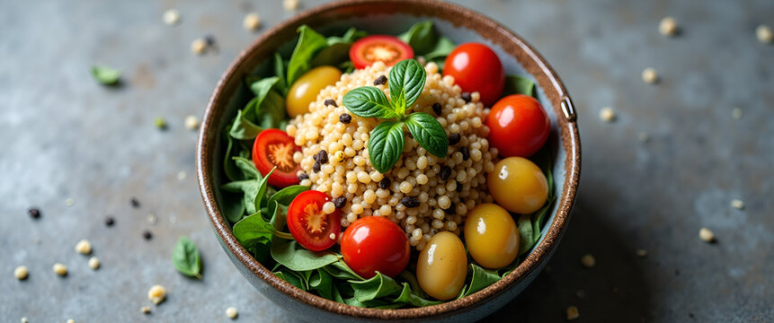 An overhead view of an exquisite quinoa bowl set against a textured background, ideal for emphasizing healthy eating with ample copy space for text.