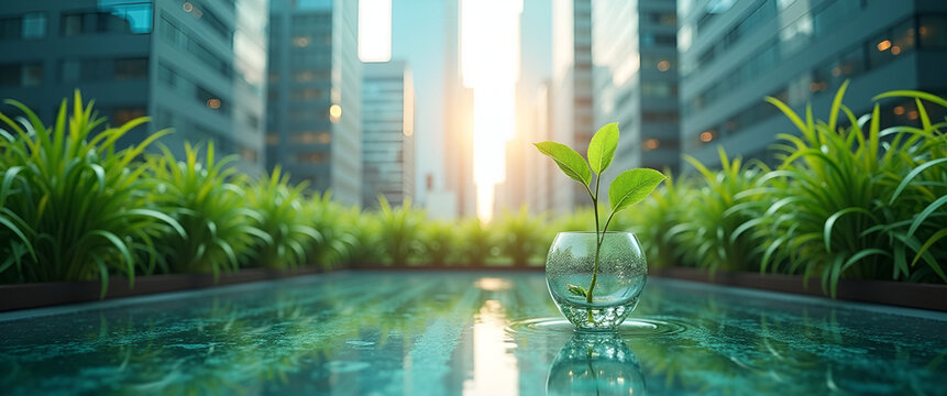 A composition reflecting eco-friendly technology and green innovations in a vibrant city setting, designed with negative space for impactful messaging and branding.