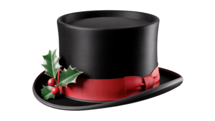 Classic black top hat adorned with a festive red ribbon and a sprig of holly with red berries isolated on transparent background