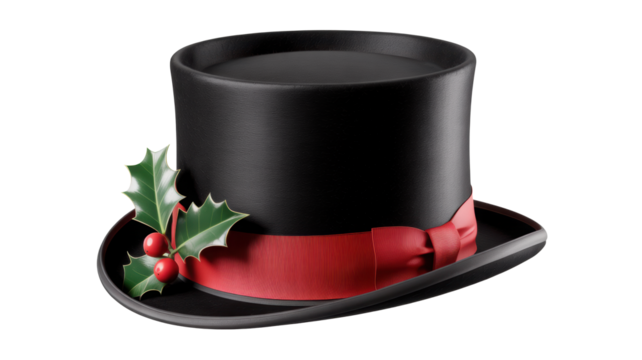 Classic black top hat adorned with a festive red ribbon and a sprig of holly with red berries isolated on transparent background