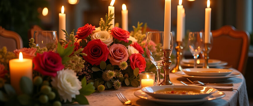 A beautifully detailed Passover candlelight dinner scene emphasizing the vibrancy of floral arrangements, ideal for copy space usage for invitations.
