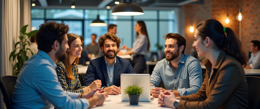 A vibrant scene capturing an entrepreneurial discussion, showcasing passionate individuals in a workspace sharing insights. Ample copy space allows for personalized branding.