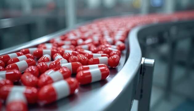 Red and white capsules move on a factory conveyor belt. Automated pharmaceutical production line in a sterile medical plant. Pills flow in orderly rows on metal surfaces. - Powered by Adobe
