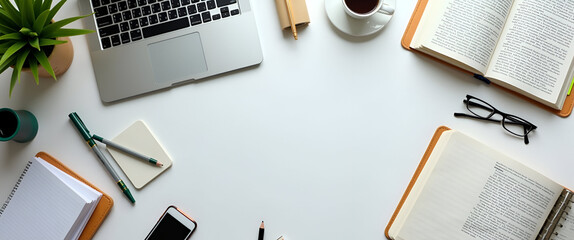 A stylish flat lay setup with study materials, emphasizing various online learning strategies. Ample space is available for copy placement and branding opportunities.
