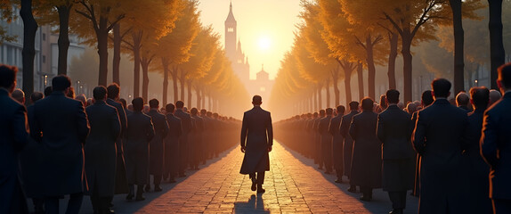 An engaging visual representation of a solemn procession, capturing the dedicated participants while leaving ample negative space for narrative enhancement.