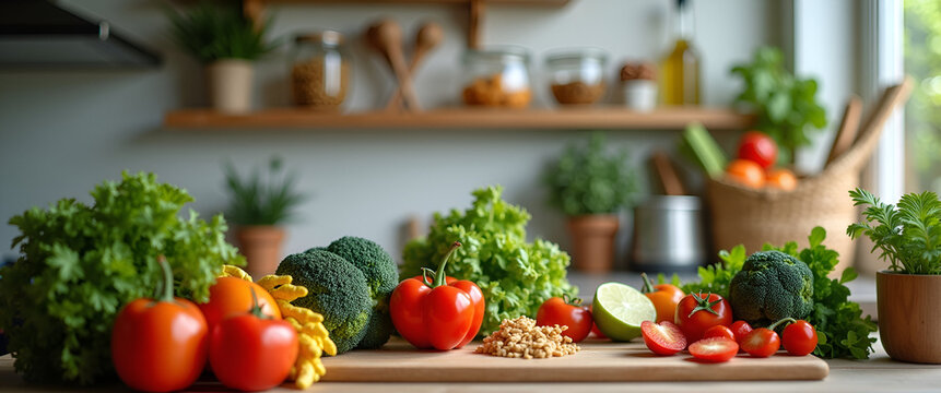 An inviting kitchen scene showcasing a meal prep area filled with fresh ingredients for vegan cooking, providing ample copy space to highlight healthy living. - Powered by Adobe