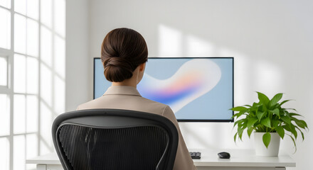 Focused Concentration at the Desk: A woman, immersed in her work, sits attentively at her sleek modern desk, her gaze fixed upon the vibrant screen, framed by the bright light