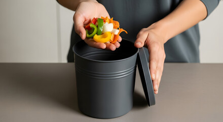 Culinary Compost Creation: A close-up view of hands carefully depositing fresh vegetable scraps into a dark-colored compost bin, highlighting eco-friendly practices in a modern kitchen.