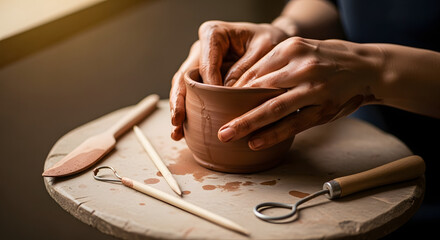 Sculpting with Clay: Capturing the intricate process of shaping clay with skilled hands, the artisan's touch brings forth a work of art from a simple lump of earth.
