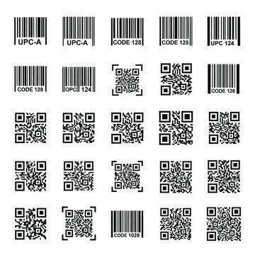 Assortment of black and white linear and square barcodes, including UPC-A, Code 128, and QR codes.
