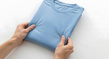 Folded blue shirt: A close-up shot captures the meticulous hands folding a pristine sky-blue shirt, symbolizing everyday minimalism, and the art of organization.