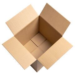Open empty brown cardboard box, high angle view. Isolated on transparent background