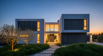 Exterior view of a modern house with geometric design, lit windows, and manicured lawn, representing luxurious residence and contemporary lifestyle