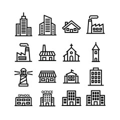 Fototapeta premium Set of minimalist black outline icons depicting various urban buildings like offices, factories, churches, and homes.