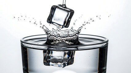 Ice Cube Plunging into Water Glass Creating Splash.