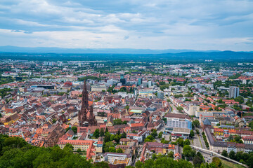 Germany, Aerial panorama view of freiburg im breisgau city minster cathedral marketplace and historical old town from high above