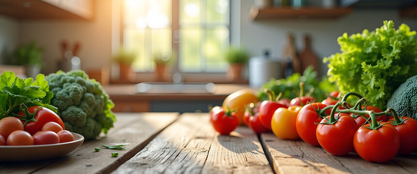 A bright kitchen scene featuring fresh ingredients artfully arranged on a rustic wooden table, emphasizing the motivation to cook with ample copy space.