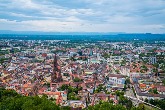 Germany, Aerial panorama view of freiburg im breisgau city minster cathedral marketplace and historical old town from high above
