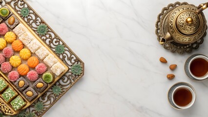 Elegant Assortment Of Colorful Middle Eastern Sweets Served With Hot Tea In Ornate Teapot On Marble Surface