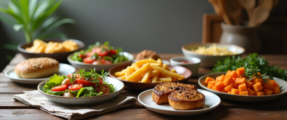 A heartwarming display of comforting vegan meals arranged on a classic kitchen table, inviting viewers while allowing empty space for text overlay and branding.