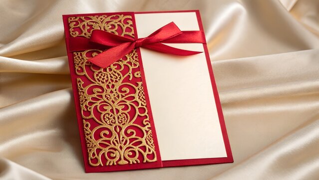 Elegant Red Laser Cut Invitation Card With Gold Filigree Ornate Design Tied With A Red Ribbon Bow On A Cream Satin Background