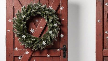 Festive Christmas Wreath on Rustic Red Barn Door with Snowflakes.