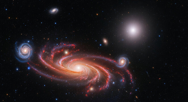 Wide shot of a spiral galaxy system, featuring swirling arms and bright core against starry black space, representative of cosmic wonder and exploration - Powered by Adobe