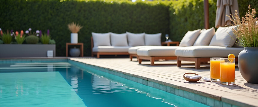 A cozy poolside lounge setup with cushions and drinks waiting for guests, using leading lines to guide the viewers eye and offering spacious copy space for captions.