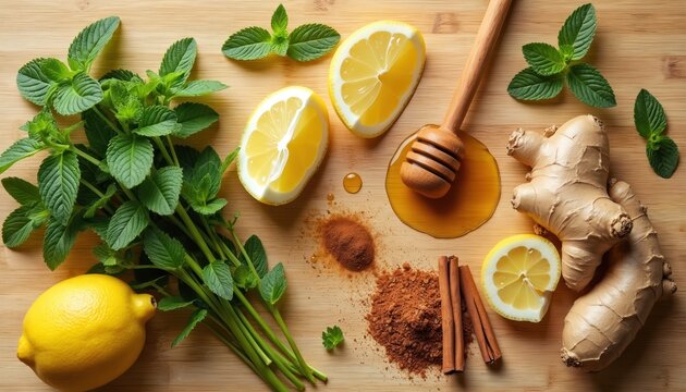 Fresh mint, lemon slices, ginger root, honey, and cinnamon sticks arranged on a wooden board. Ingredients for a healthy warm beverage or natural remedy.