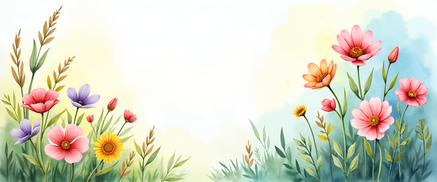 A watercolor painting showcasing various aspects of mental wellbeing in a tranquil setting, providing ample copy space for uplifting messages or branding.