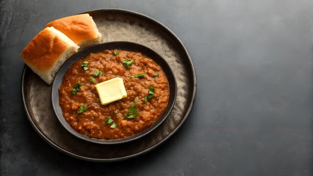 Indian Pav Bhaji dish with butter and bread rolls on a dark textured background