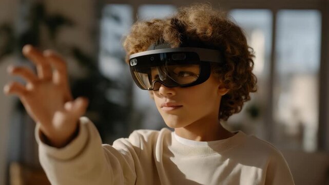 Kid using augmented reality learning apps with headphones and interactive gestures, emotion of fascination and focus visible, representing tech-enhanced homeschooling, digital education innovation,