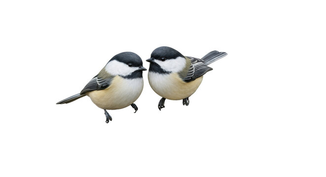 Isolated chickadees sitting, perched, cute birds looking, tiny avian pair, wildlife nature, fauna