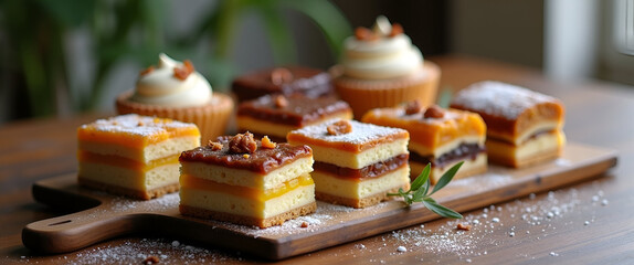 An attractive display of sugar-free vegan desserts artfully arranged on a rustic wooden table, allowing significant negative space for textual descriptions.