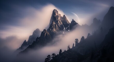 Mystical Mountain Peak Emerging from a Sea of Clouds at Dawn.