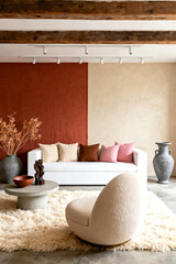 Modern earthy living room with rustic charm, white sofa, textured chair, and terracotta accents perfect for home decor inspiration