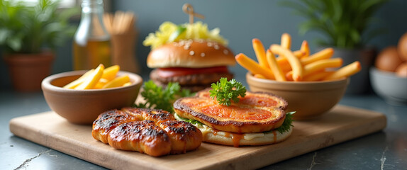 An innovative cloud kitchen delivery arrangement showcasing an array of trendy menu items enticingly presented with ample room for branding copy.