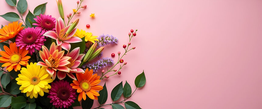 A vibrant floral bouquet centerpiece, thoughtfully arranged for visual uniformity and balance, allowing for creative use of copy space in compositions.