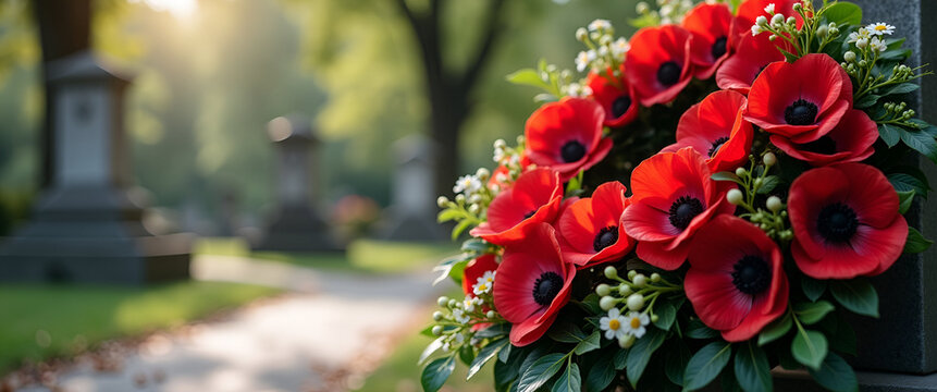 A beautifully arranged remembrance wreath made of fresh poppies and greenery, set against a backdrop of a quiet cemetery, allowing for ample copy space.