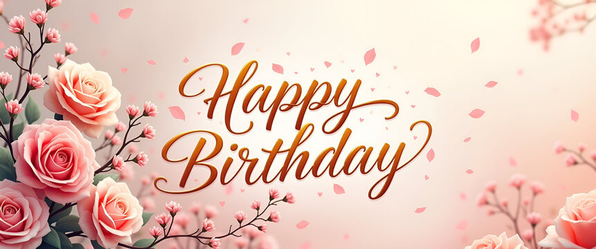 An enchanting birthday digital art creation featuring elegant happy birthday calligraphy intertwined with beautiful florals, perfect for a warm festive sentiment.