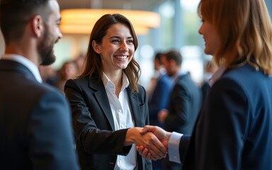 Business professionals meet for the first time at a conference, exchanging smiles and handshakes as they introduce themselves. The environment is welcoming and conducive to networking. High quality