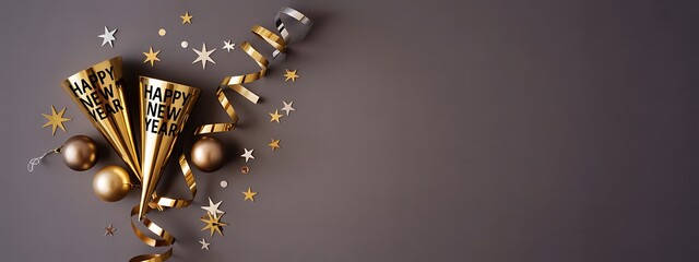 Happy new year party decoration with gold confetti and party horn on gray background