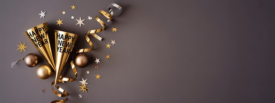 Happy new year party decoration with gold confetti and party horn on gray background