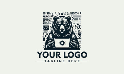 Vector logo of a bear working on a laptop with tech elements - Perfect for business and branding