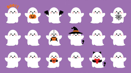 Naklejka premium Cute Halloween Ghost Clipart Cartoon Spooky Kawaii Characters Purple Background