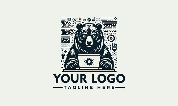 Vector logo of a bear working on a laptop with tech elements - Perfect for business and branding