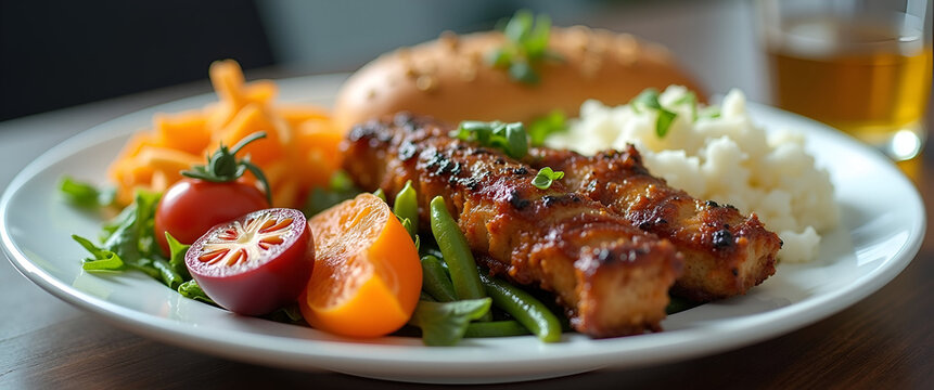 An inviting university lunch plate showcasing a variety of international dishes, artistically arranged with an emphasis on copy space for visual impact.