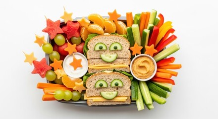 Bento box lunch with sandwiches resembling faces and various fruits and vegetables
