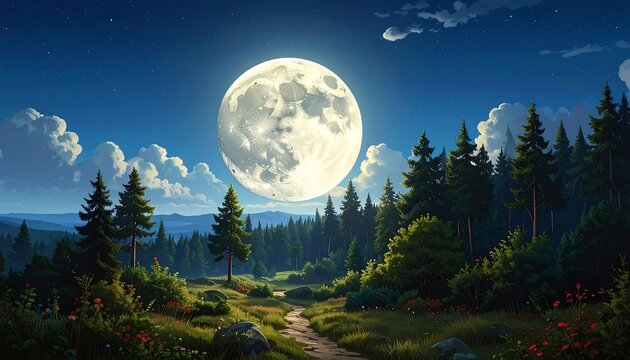 Stunning illustration of a full moon shining over a serene forest landscape at night